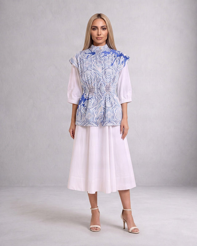Sarabi Oceanic Blue Print Denim Jacket and Poplin Dress Two-Piece Set - Two-Piece Set - Mizyana