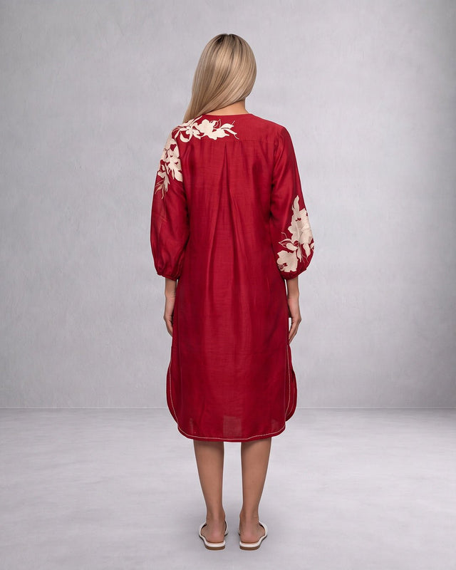 Sarla Red Floral Embroidered Chanderi Silk Dress - Dress - Mizyana
