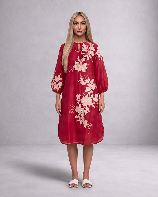 Sarla Red Floral Embroidered Chanderi Silk Dress - Dress - Mizyana