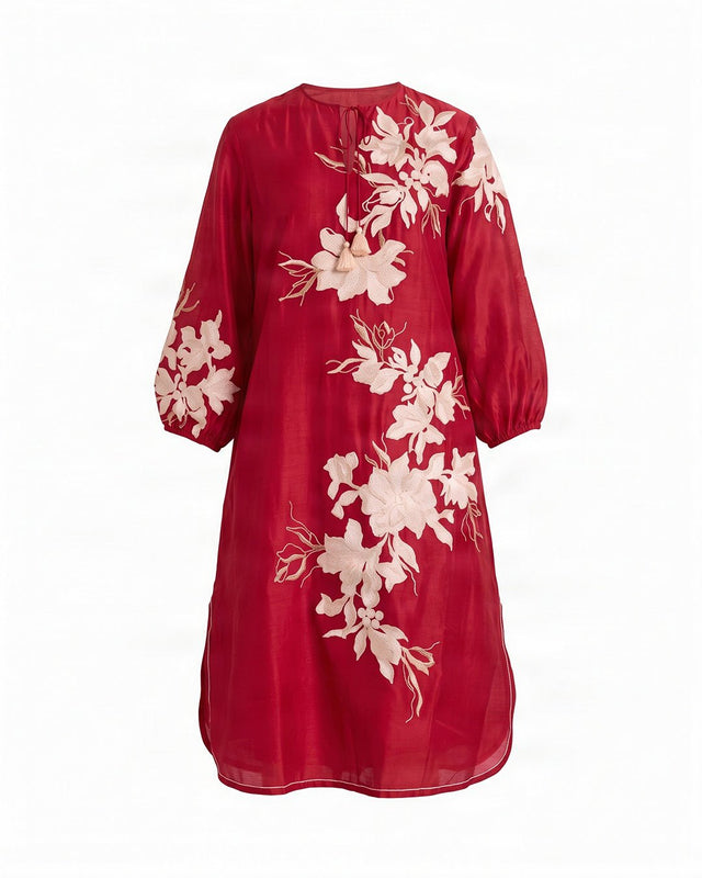 Sarla Red Floral Embroidered Chanderi Silk Dress - Dress - Mizyana