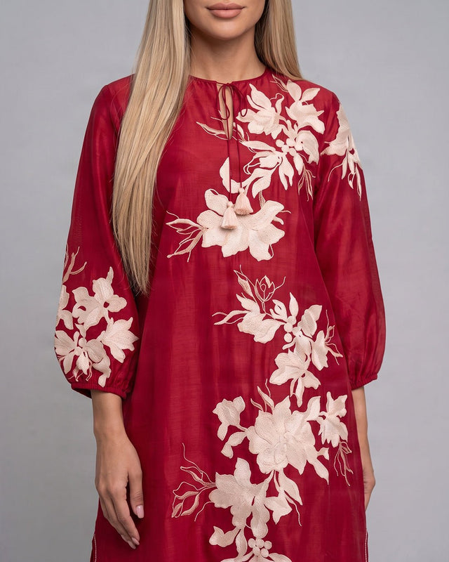 Sarla Red Floral Embroidered Chanderi Silk Dress - Dress - Mizyana