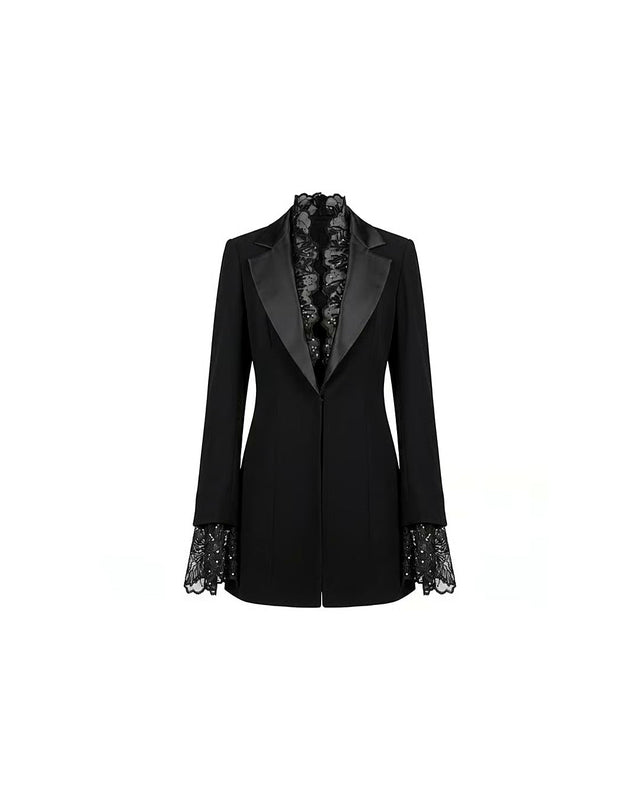 Satin and Lace Detailed Tuxedo Jacket - Jacket - Mizyana