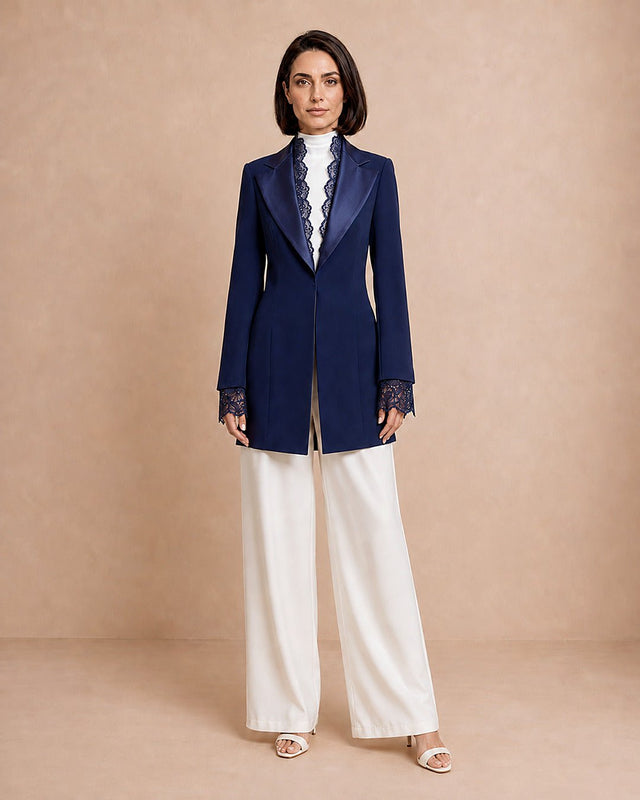 Satin and Lace Detailed Tuxedo Jacket - Jacket - Mizyana
