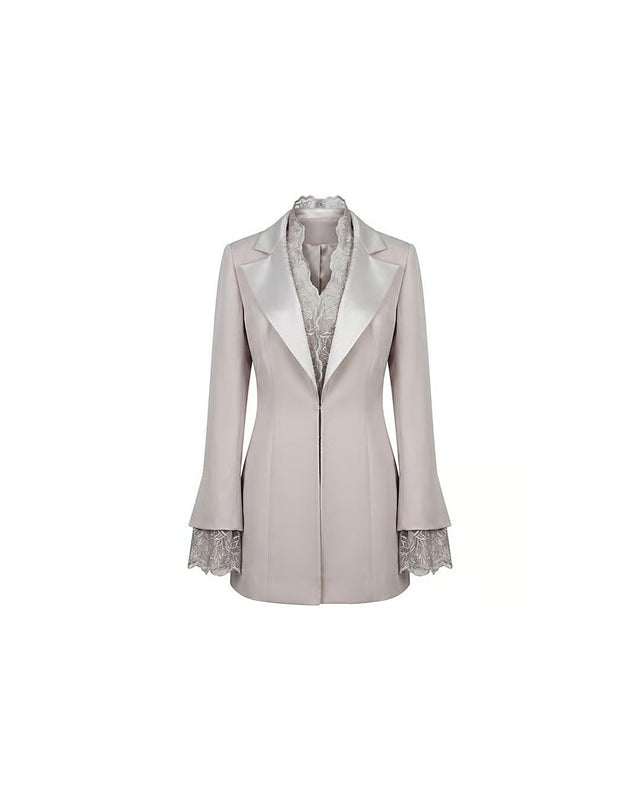 Satin and Lace Detailed Tuxedo Jacket - Jacket - Mizyana