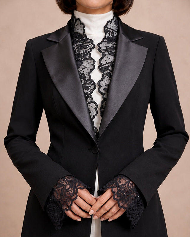 Satin and Lace Detailed Tuxedo Jacket - Jacket - Mizyana