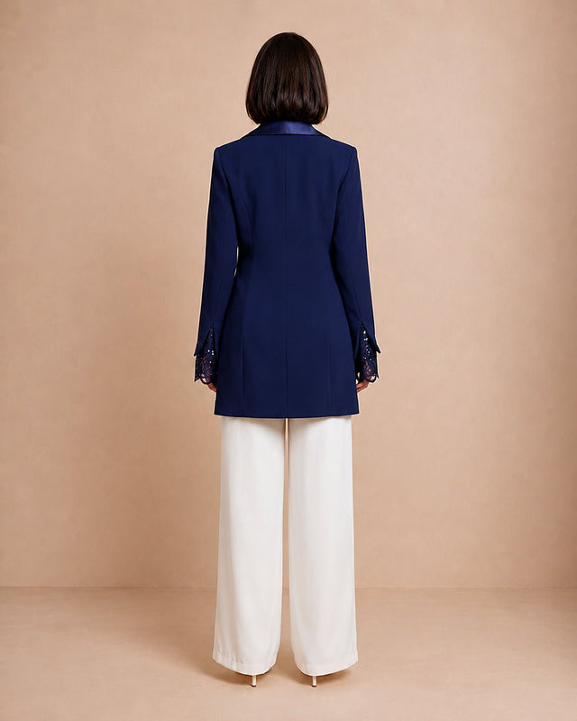 Satin and Lace Detailed Tuxedo Jacket - Jacket - Mizyana
