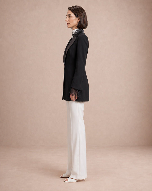 Satin and Lace Detailed Tuxedo Jacket - Jacket - Mizyana