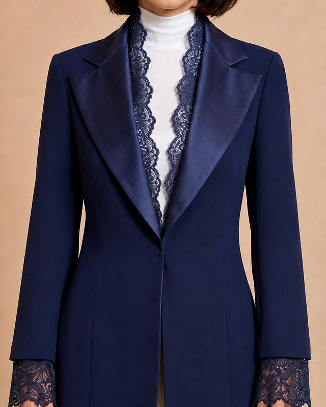 Satin and Lace Detailed Tuxedo Jacket - Jacket - Mizyana
