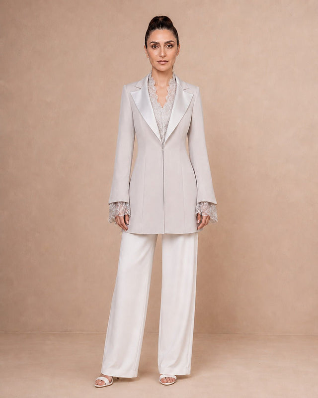 Satin and Lace Detailed Tuxedo Jacket - Jacket - Mizyana