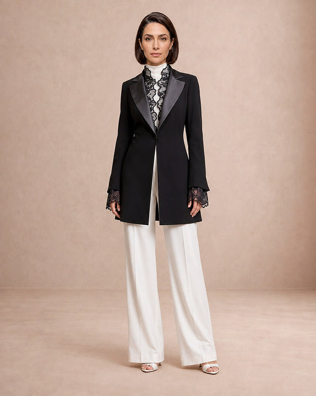 Satin and Lace Detailed Tuxedo Jacket - Jacket - Mizyana
