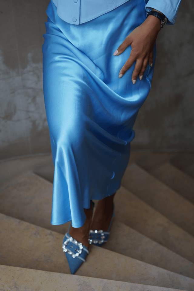 Satin Flared Skirt - Light Blue - Skirt - Mizyana