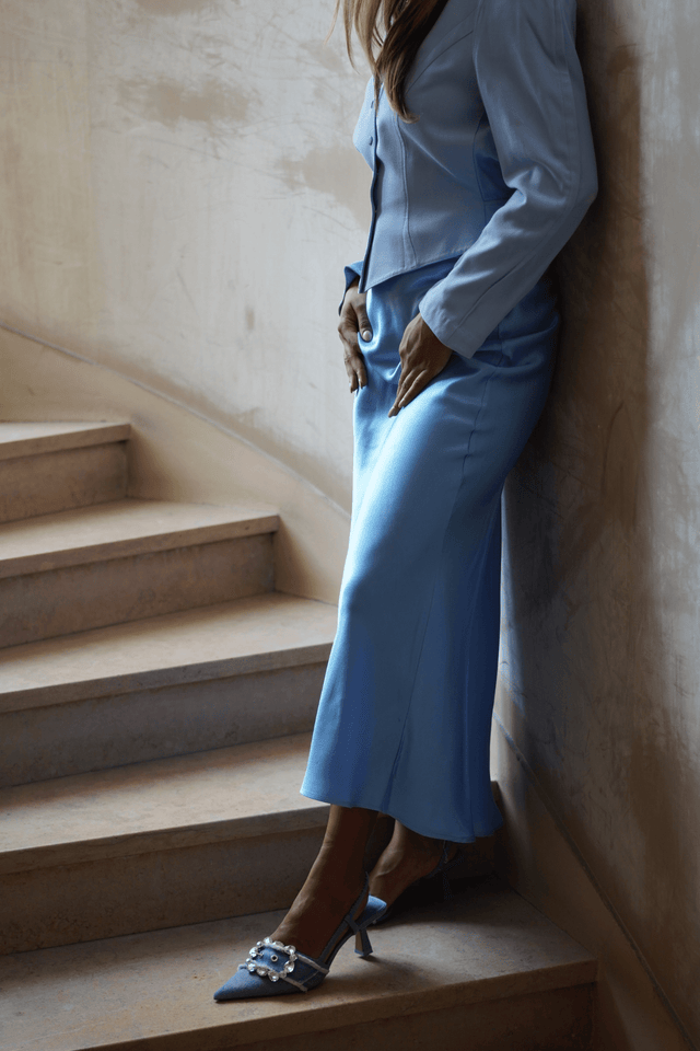 Satin Flared Skirt - Light Blue - Skirt - Mizyana
