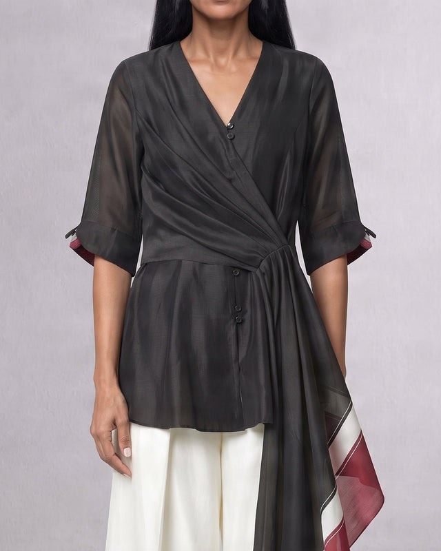 Shefali Chanderi Silk Wrap Top and Wide Leg Pants Two-Piece Set - Two-Piece Set - Mizyana