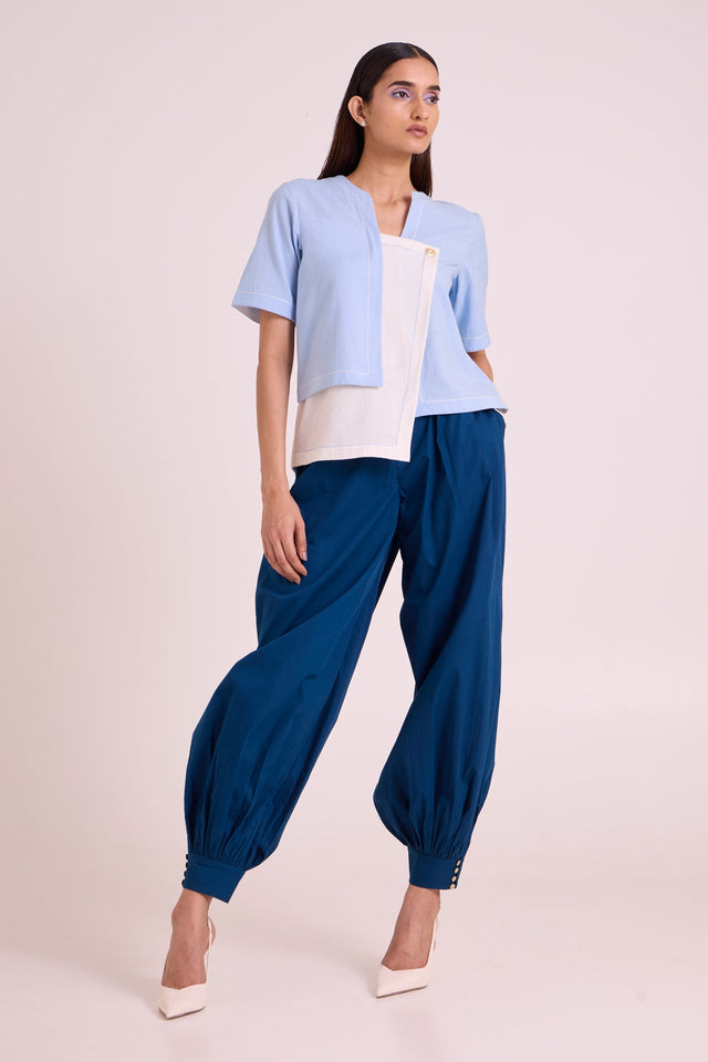 Shelly - Panelled Blues Top & Pant Set - Two-Piece Set - Mizyana