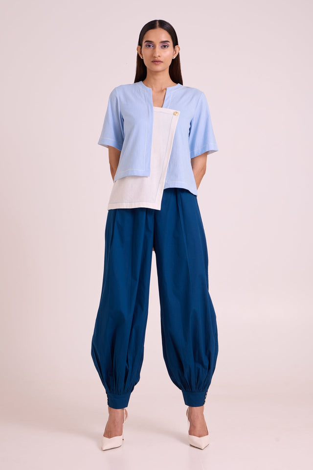 Shelly - Panelled Blues Top & Pant Set - Two-Piece Set - Mizyana