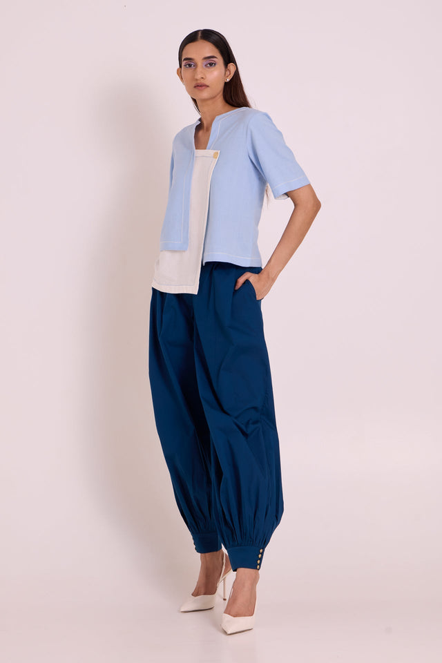 Shelly - Panelled Blues Top & Pant Set - Two-Piece Set - Mizyana