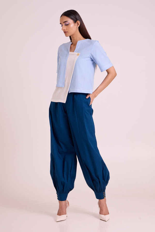 Shelly - Panelled Blues Top & Pant Set - Two-Piece Set - Mizyana