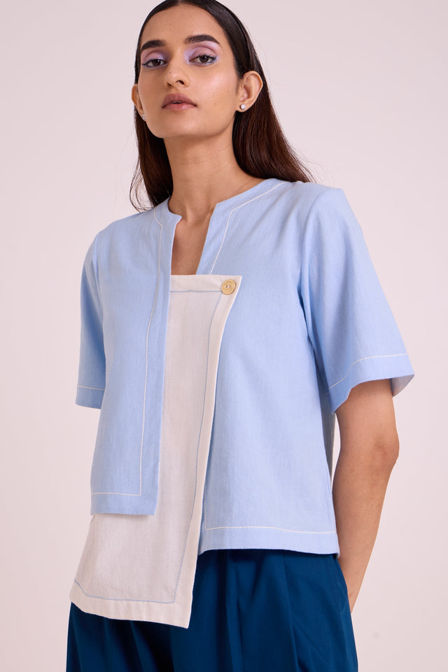 Shelly - Panelled Blues Top & Pant Set - Two-Piece Set - Mizyana