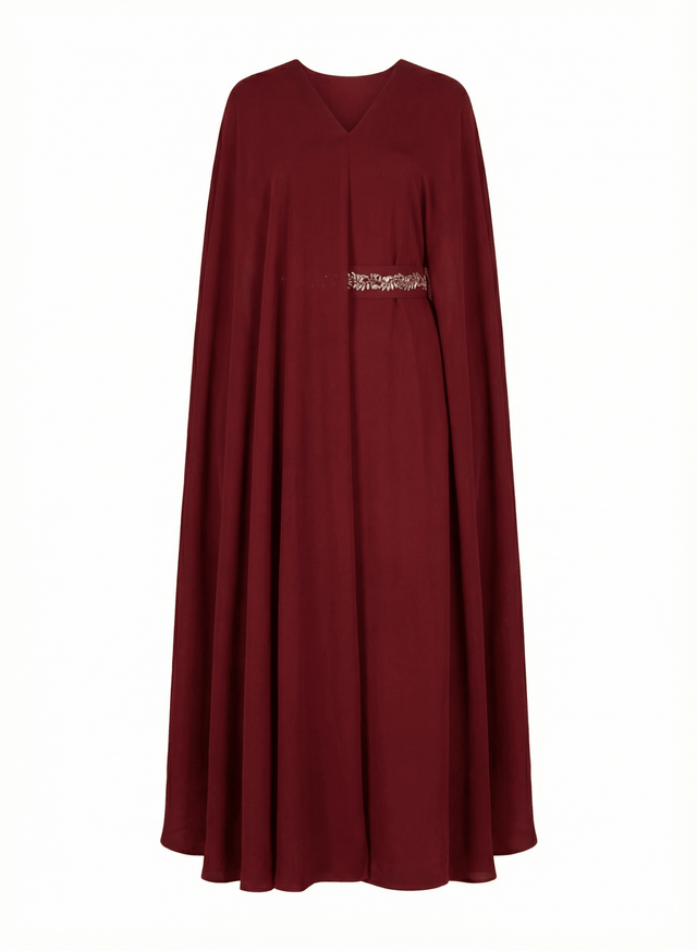 Signature Drape Red Kaftan with Gold Embellished Belt - Kaftan - Mizyana