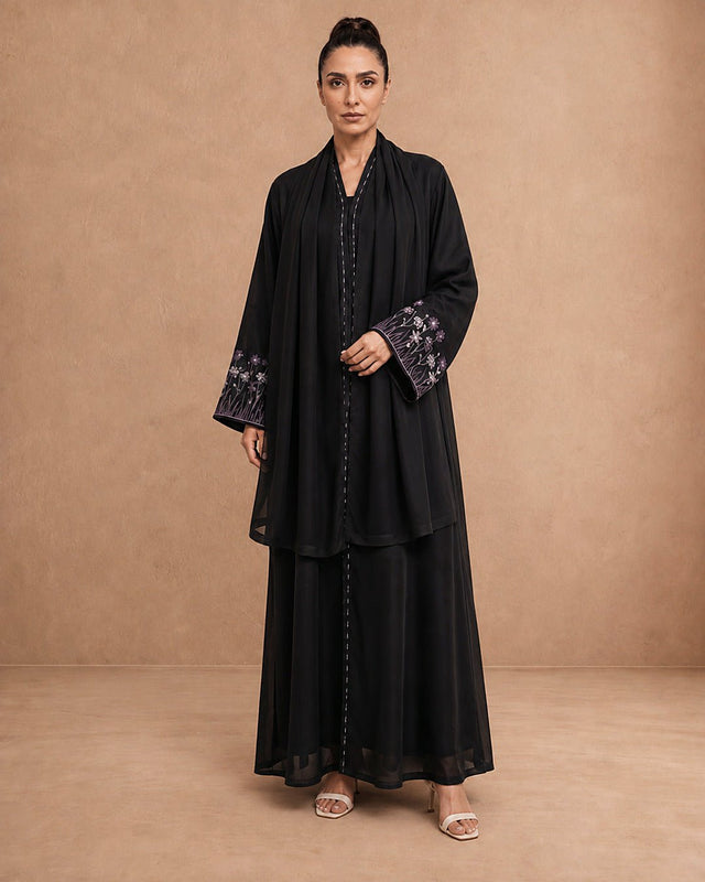 Sleeve Embroidered Linen Abaya - Abaya - Mizyana