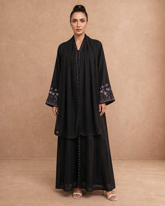 Sleeve Embroidered Linen Abaya - Abaya - Mizyana