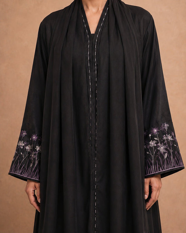 Sleeve Embroidered Linen Abaya - Abaya - Mizyana