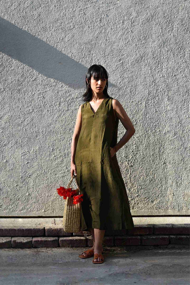 Sleeveless Silk Dress - Olive - Dress - Mizyana