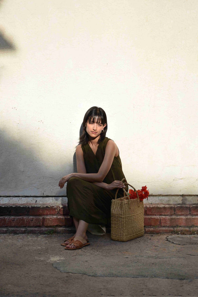 Sleeveless Silk Dress - Olive - Dress - Mizyana