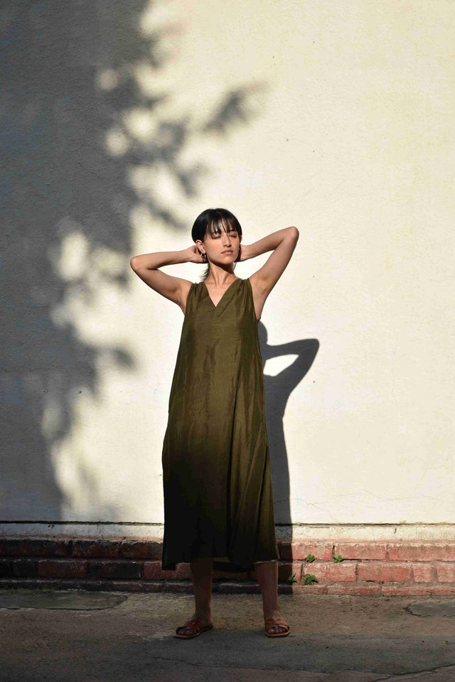 Sleeveless Silk Dress - Olive - Dress - Mizyana