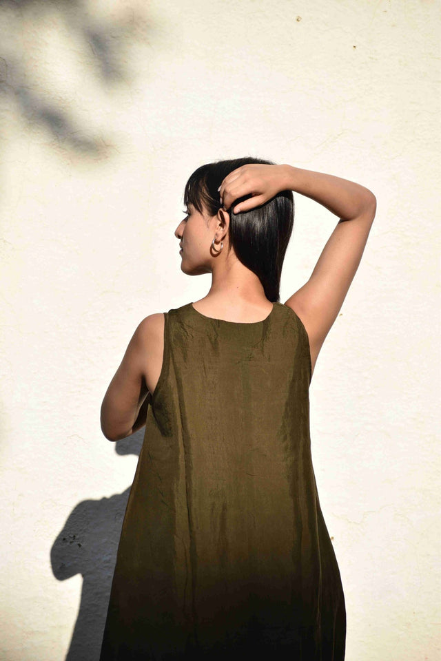 Sleeveless Silk Dress - Olive - Dress - Mizyana