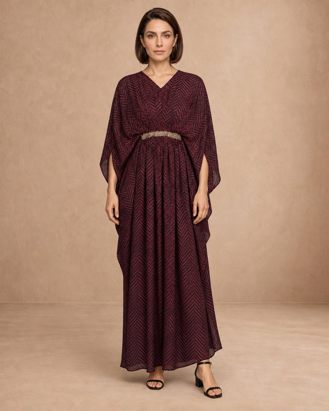 Striped Embellished Belt Drape Kaftan - Kaftan - Mizyana