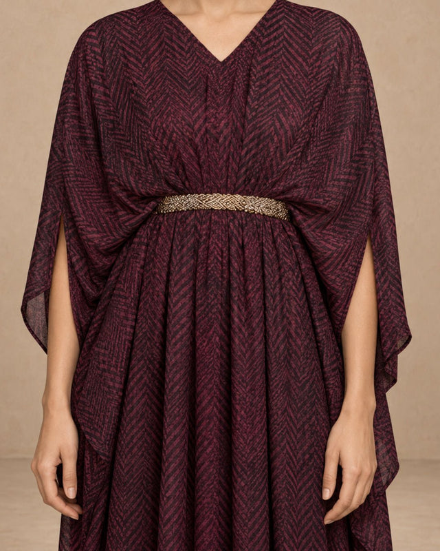 Striped Embellished Belt Drape Kaftan - Kaftan - Mizyana