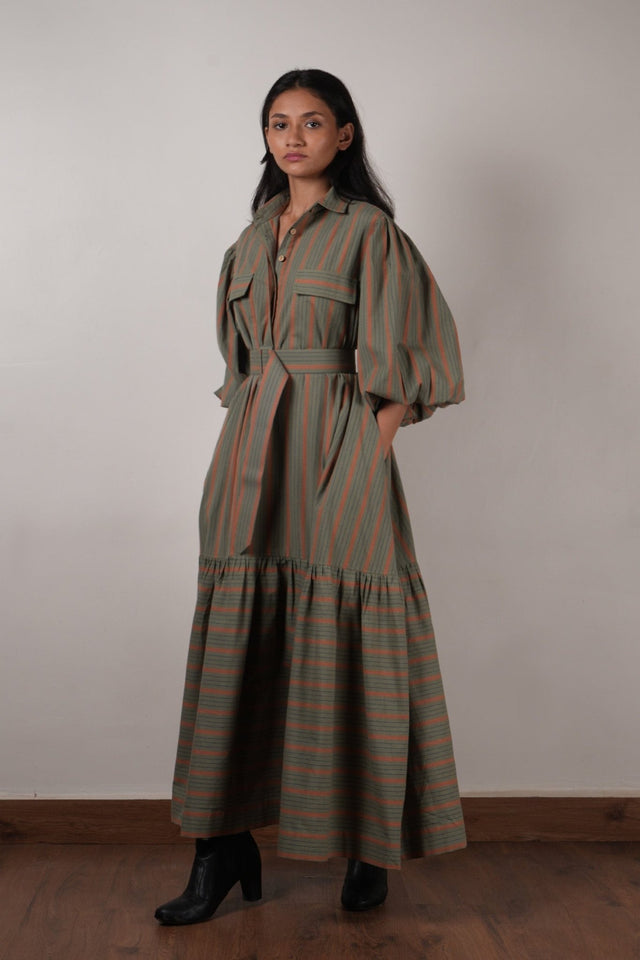 Striped Green Shirt Kaavya Dress - Dress - Mizyana