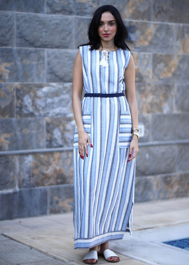 Stripped Linen Dress-Blue - Trousers - Mizyana