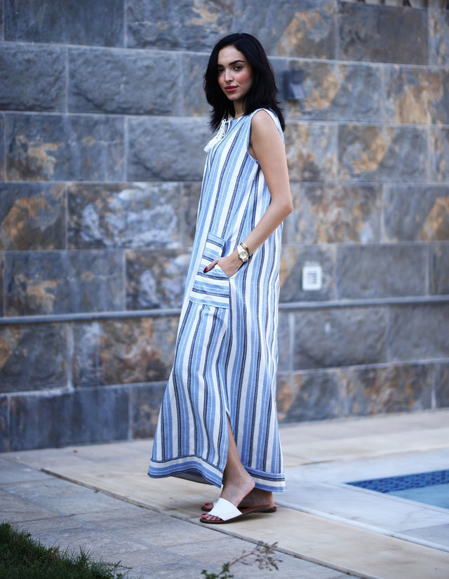 Stripped Linen Dress-Blue - Trousers - Mizyana