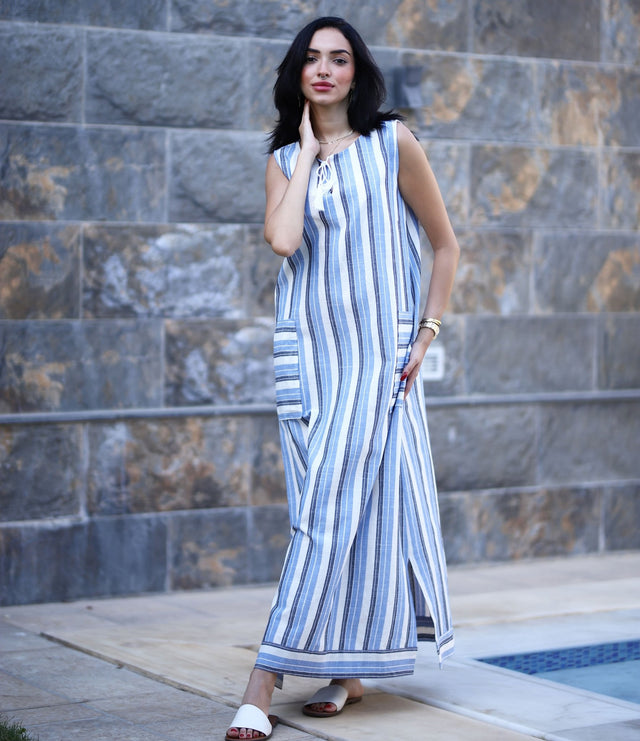 Stripped Linen Dress-Blue - Trousers - Mizyana