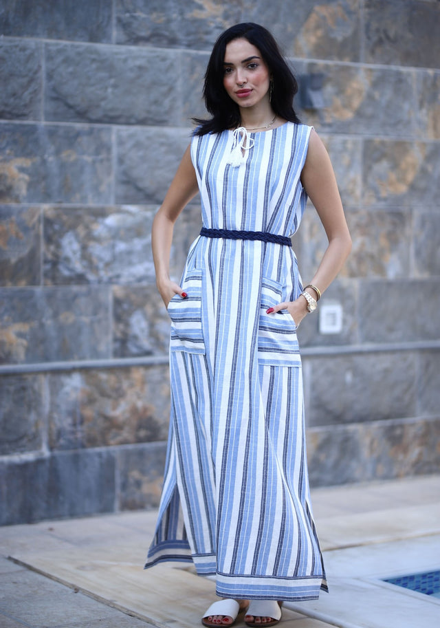 Stripped Linen Dress-Blue - Trousers - Mizyana