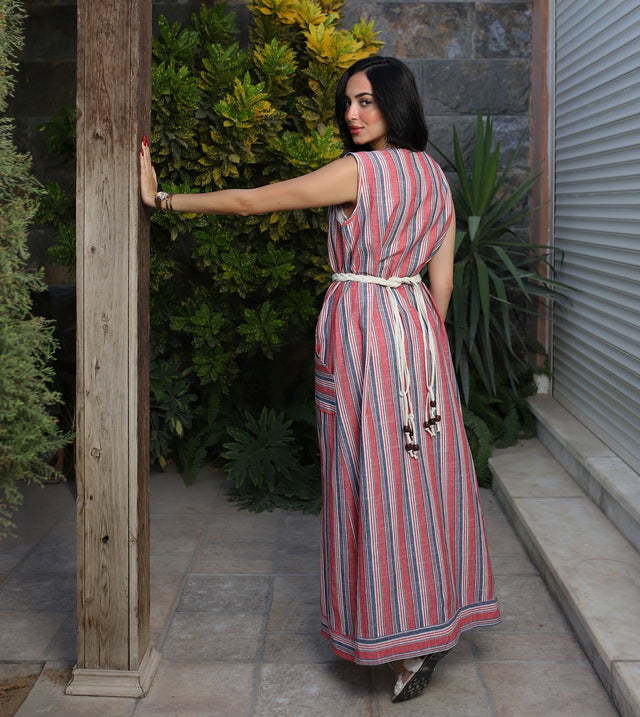 Stripped Linen Dress-Red - Dress - Mizyana
