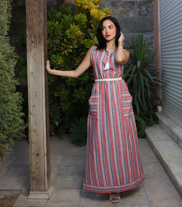 Stripped Linen Dress-Red - Dress - Mizyana