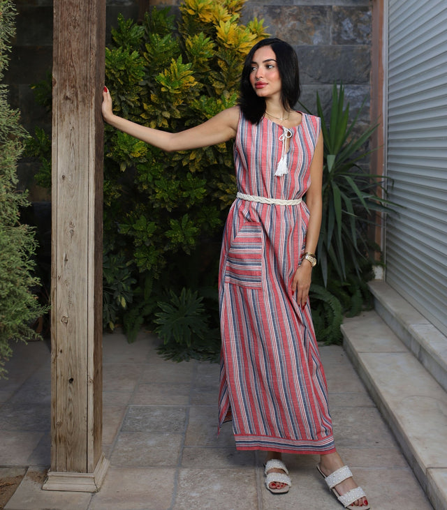 Stripped Linen Dress-Red - Dress - Mizyana