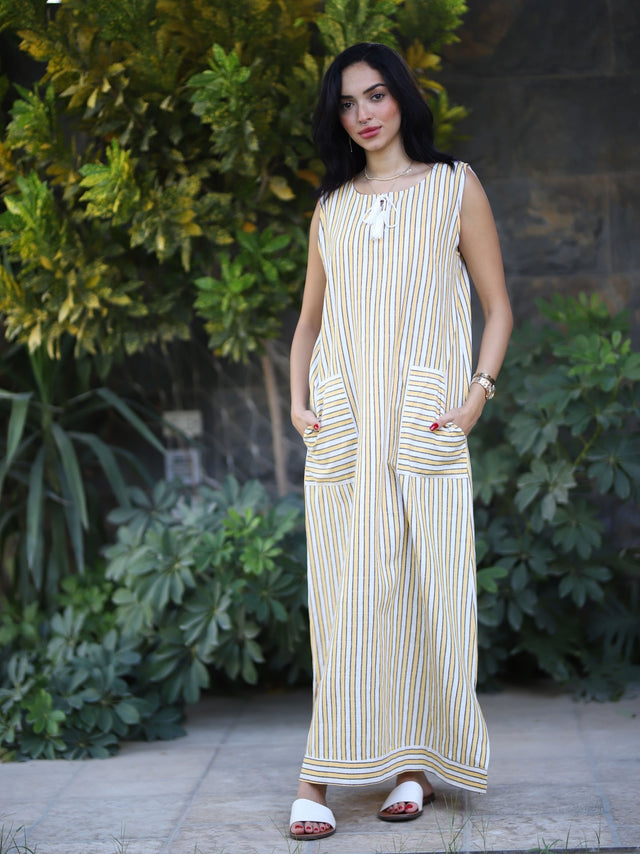 Stripped Linen Dress-Yellow - Dress - Mizyana