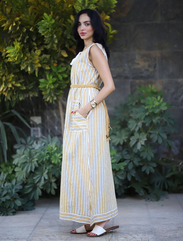 Stripped Linen Dress-Yellow - Dress - Mizyana