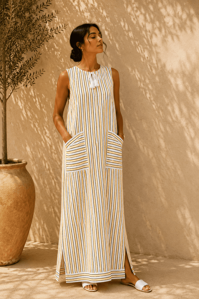 Stripped Linen Dress-Yellow - Dress - Mizyana
