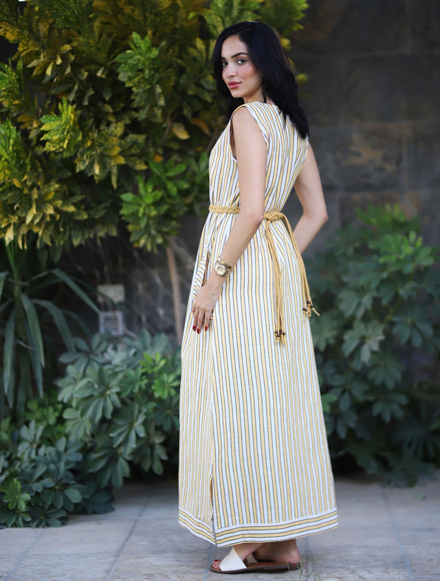 Stripped Linen Dress-Yellow - Dress - Mizyana