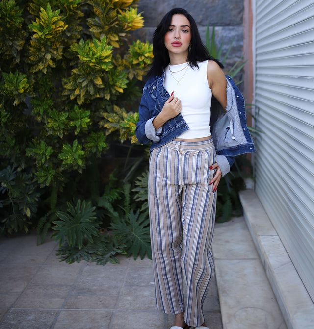 Stripped Linen Pants- Beige - Trousers - Mizyana
