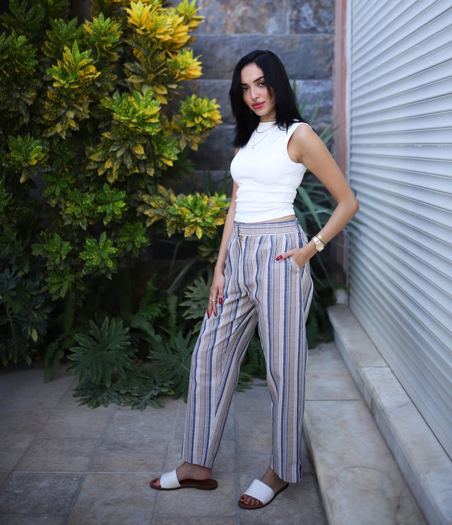 Stripped Linen Pants- Beige - Trousers - Mizyana