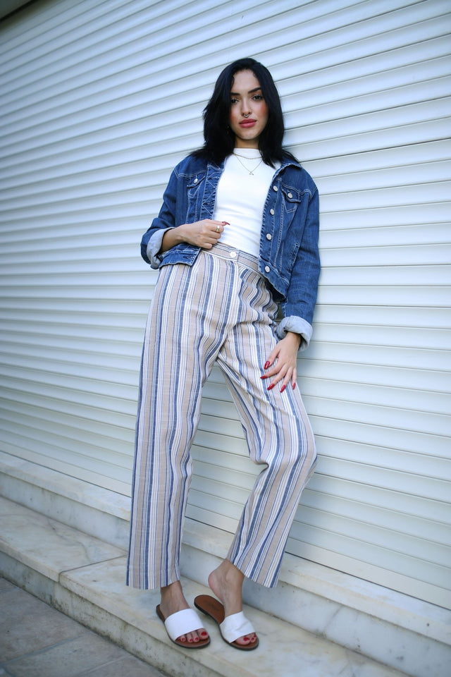 Stripped Linen Pants- Beige - Trousers - Mizyana