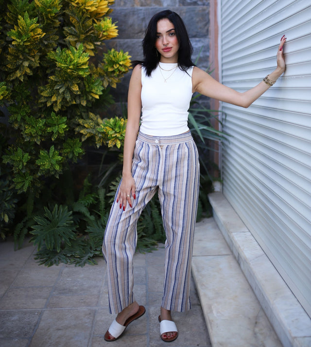 Stripped Linen Pants- Beige - Trousers - Mizyana