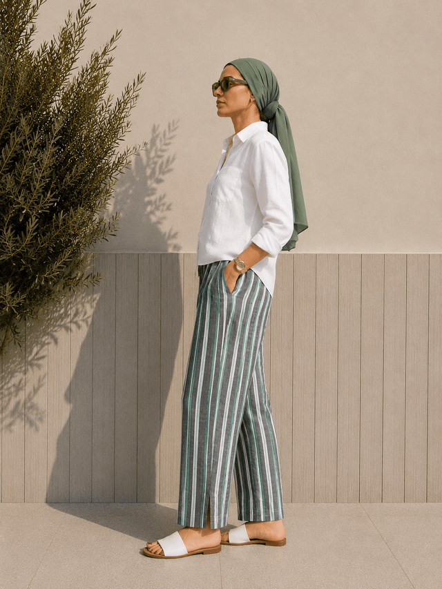 Stripped Linen Pants- Green - Trousers - Mizyana