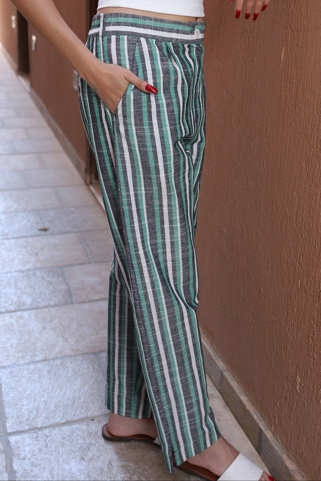 Stripped Linen Pants- Green - Trousers - Mizyana